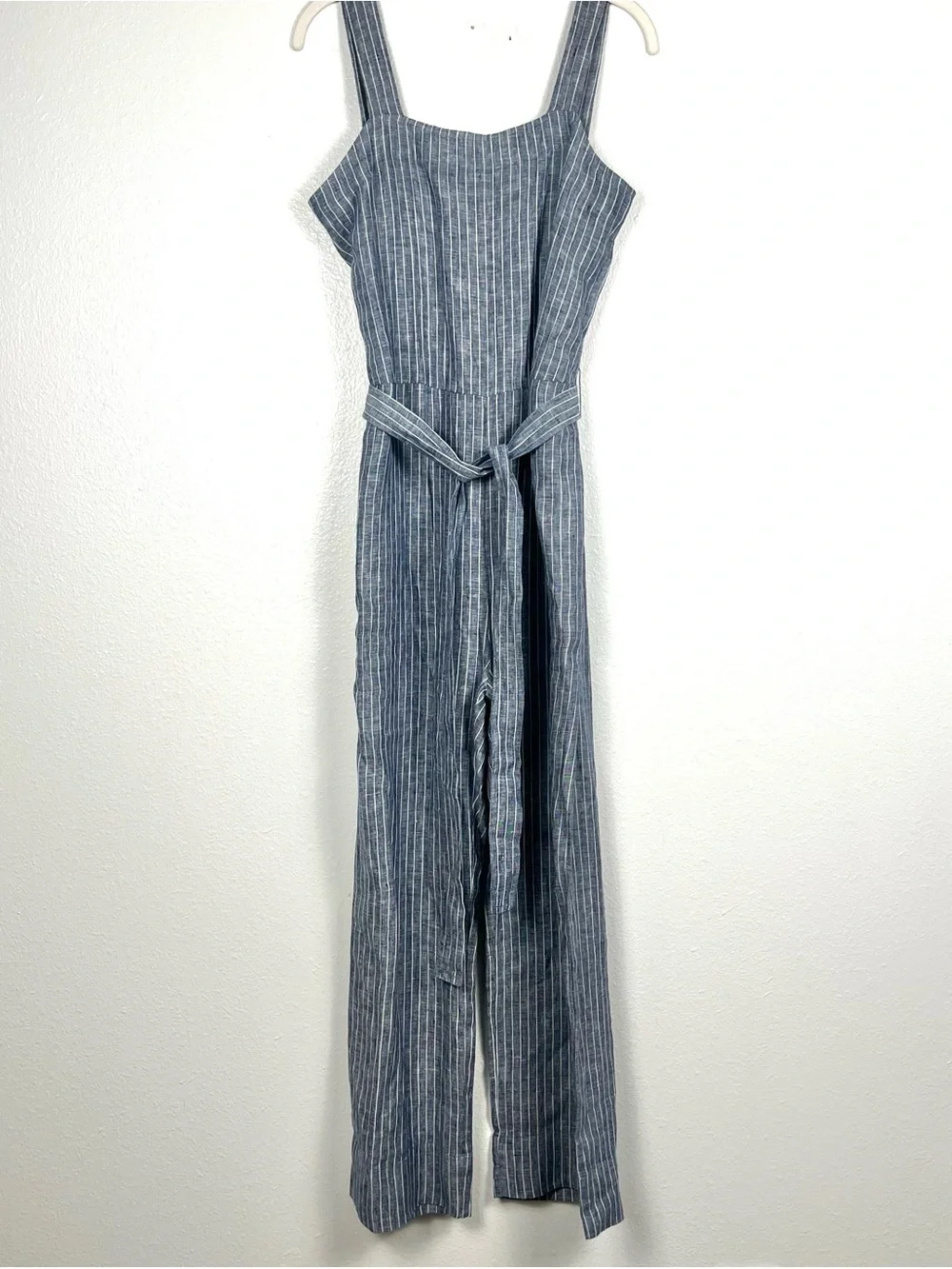 Quince European Linen Chambray Blue Stripe Sleeveless Belted Crop Jumpsuit Small